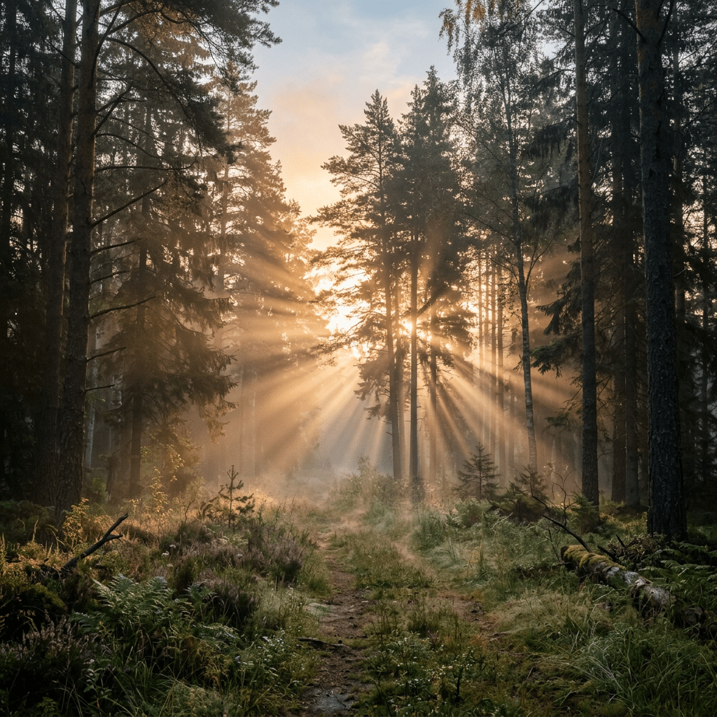 Sunlight rays filtering through tall pine trees onto a forest floor path