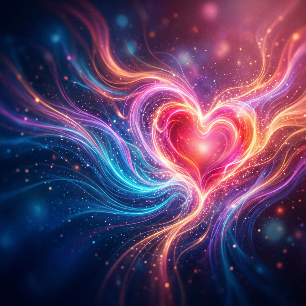 Glowing heart shape with vibrant swirling energy waves in pink, orange, blue, and purple colors