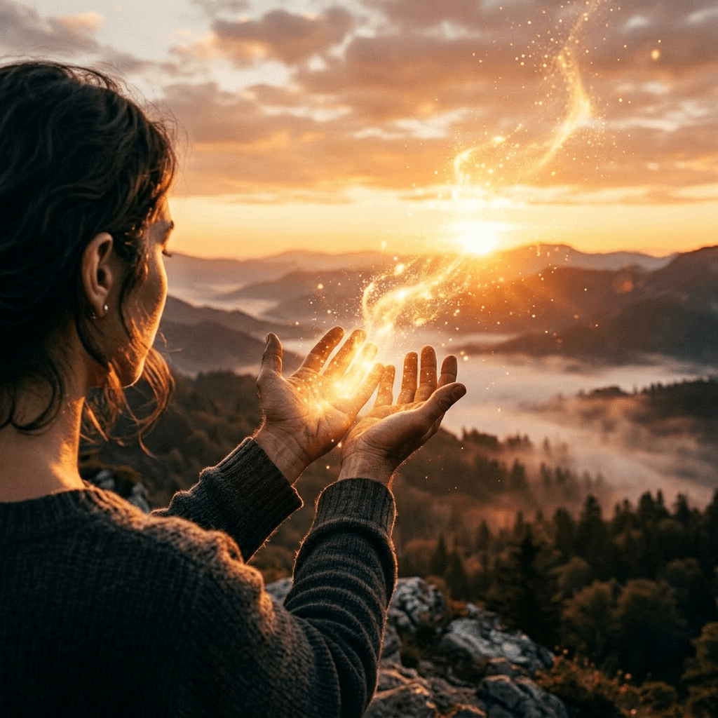 Man holding glowing golden light between his hands with mountain sunset background
