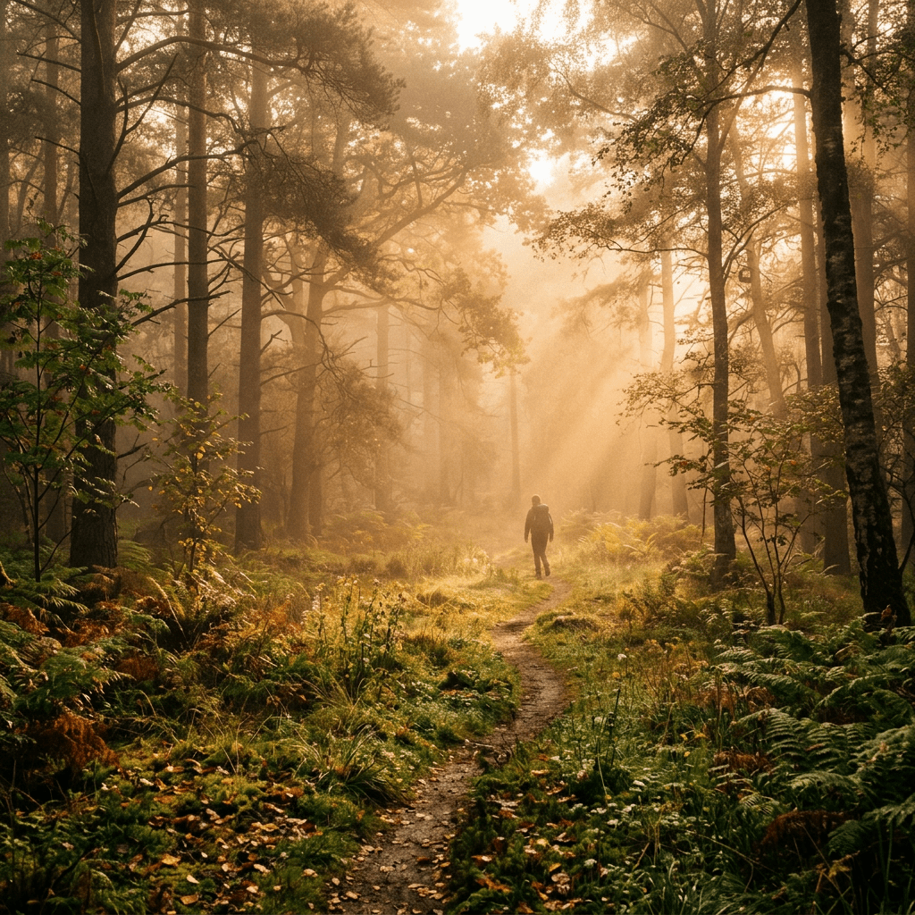 Person walking on a narrow forest path with sun rays filtering through trees