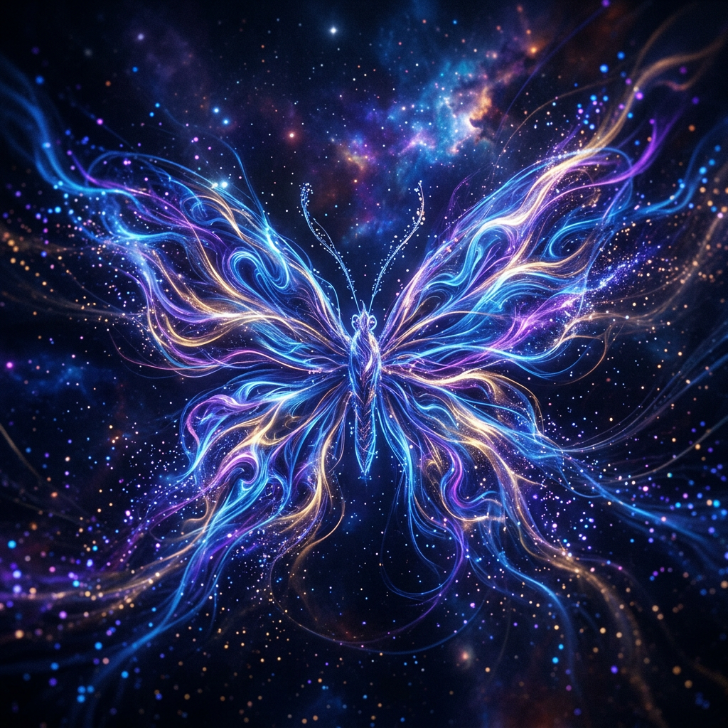 Bright blue and purple neon butterfly with flowing wings in a starry cosmic background