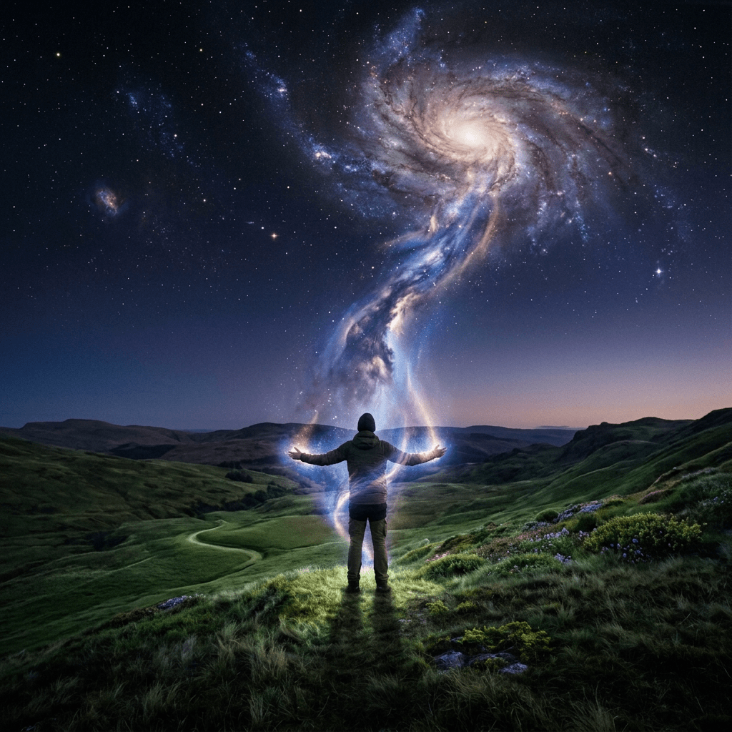 Person on a hill with cosmic energy swirling upward to a galaxy in the night sky
