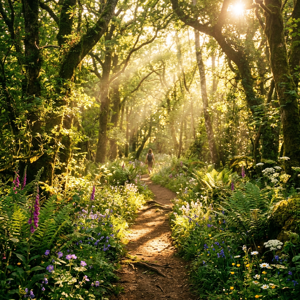 Forest trail surrounded by lush greenery and wildflowers with sunlight filtering through trees
