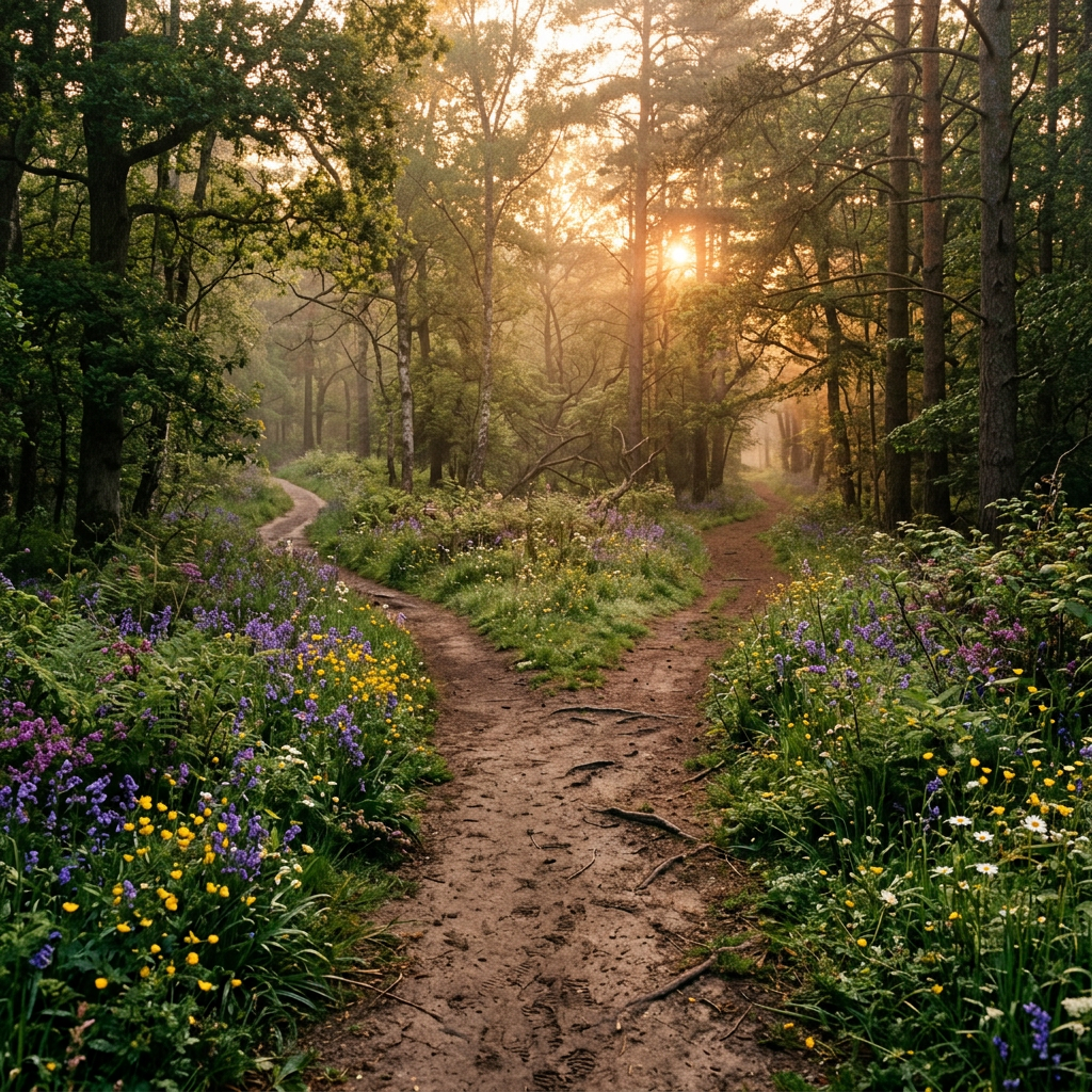 Fork in a forest dirt path surrounded by wildflowers and trees at sunrise
