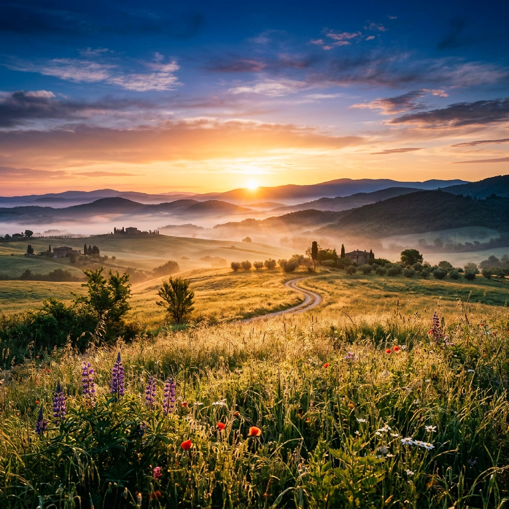 Rolling hills with wildflowers, a winding dirt road, and mist under a sunrise sky