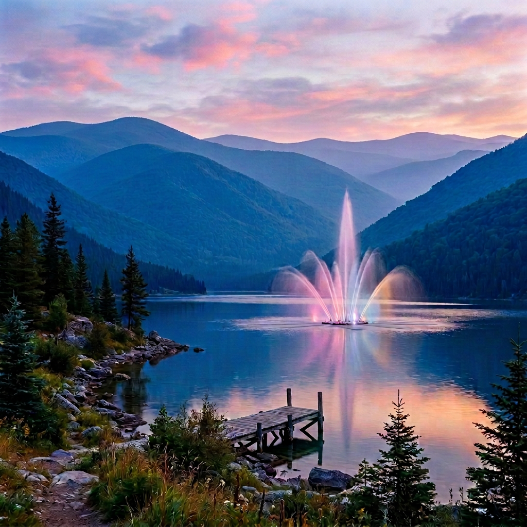 Person sitting on a dock by a calm mountain lake with a colorful illuminated fountain and rugged peaks in the background