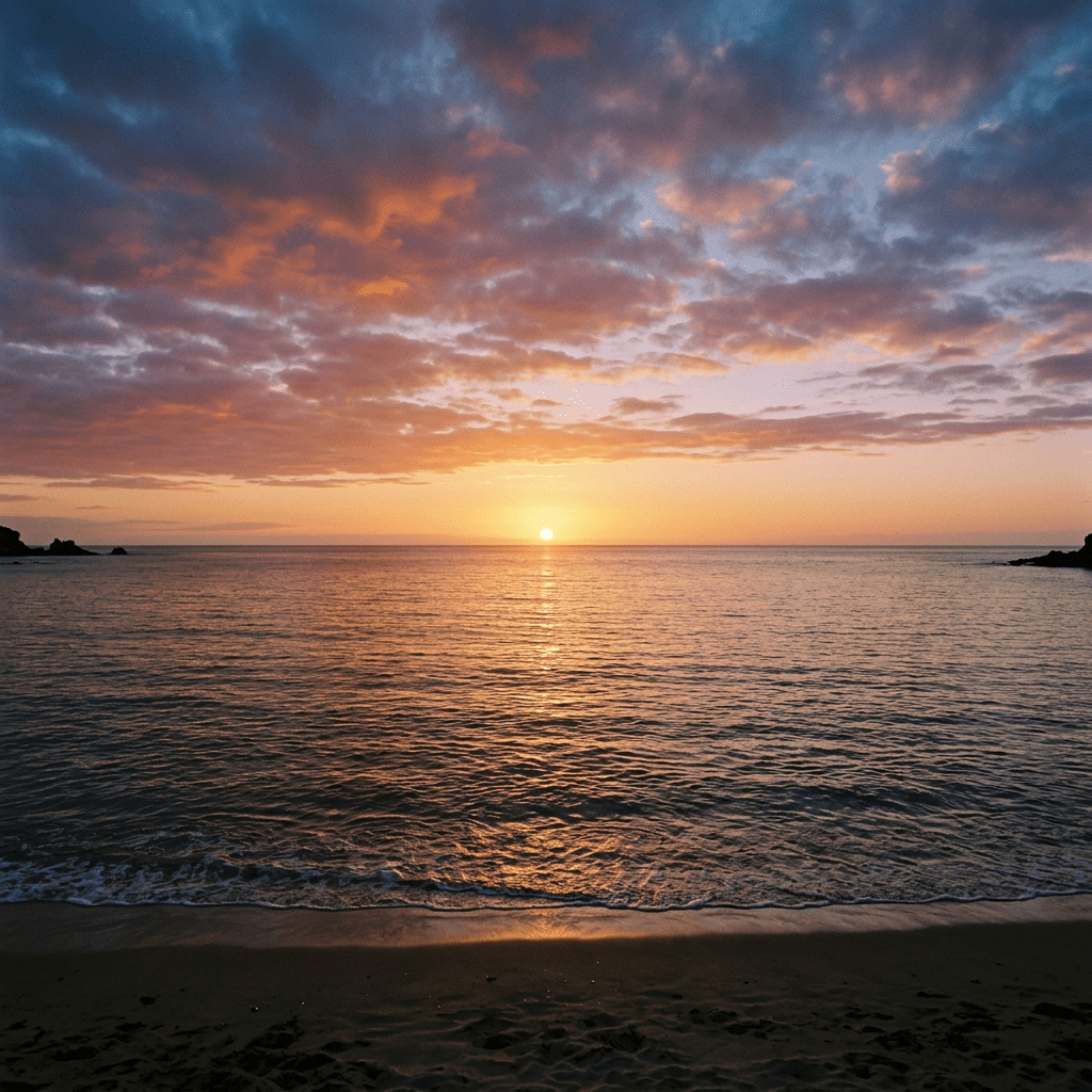 Sun setting over calm ocean with sandy beach and colorful clouds