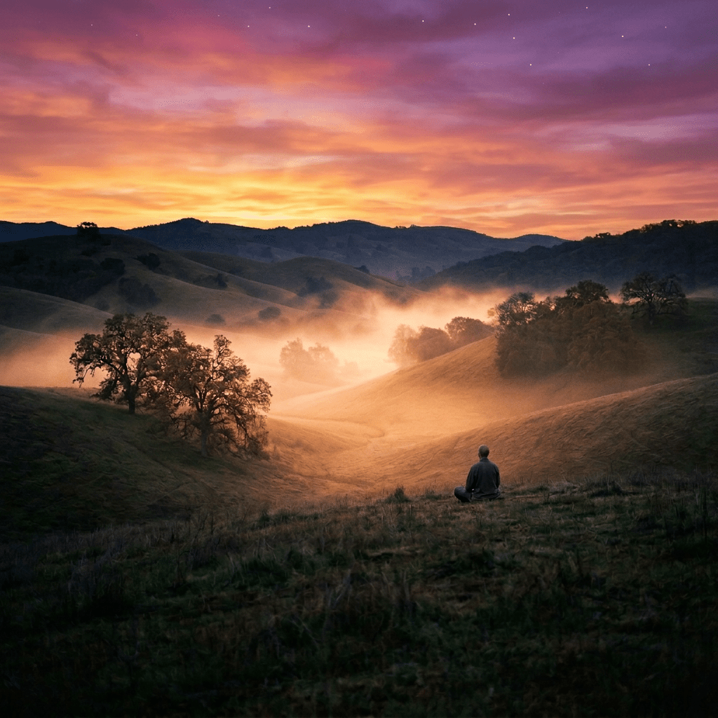 Person sitting cross-legged on grass, meditating facing sunrise in misty hills