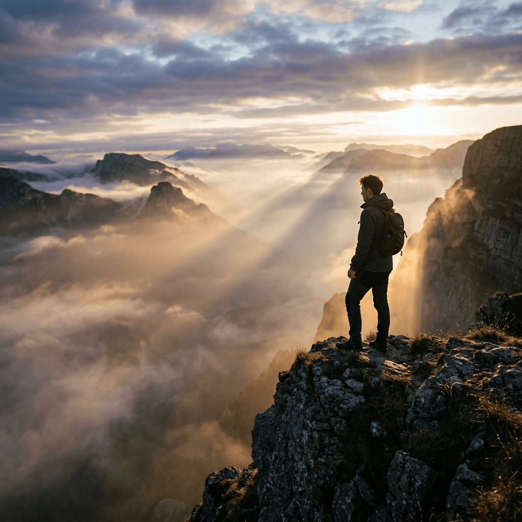 Person with backpack standing on rocky cliff overlooking misty mountains at sunrise