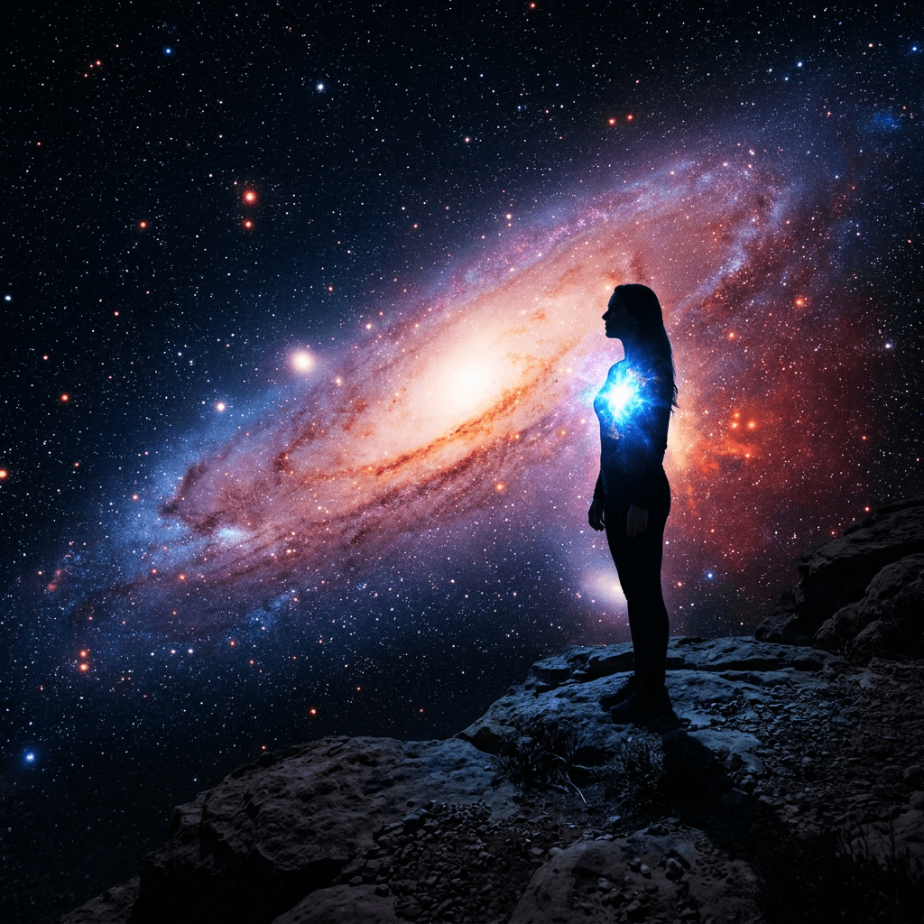 Silhouette of person standing on rocky ground with bright galaxy and stars behind them