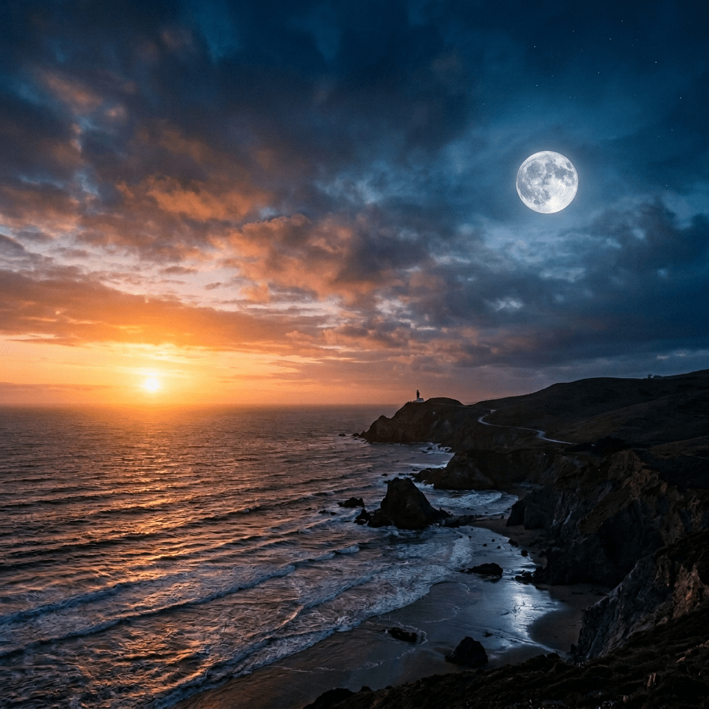 Coastal sunset with sun near horizon, moon in sky, waves crashing on rocky shore