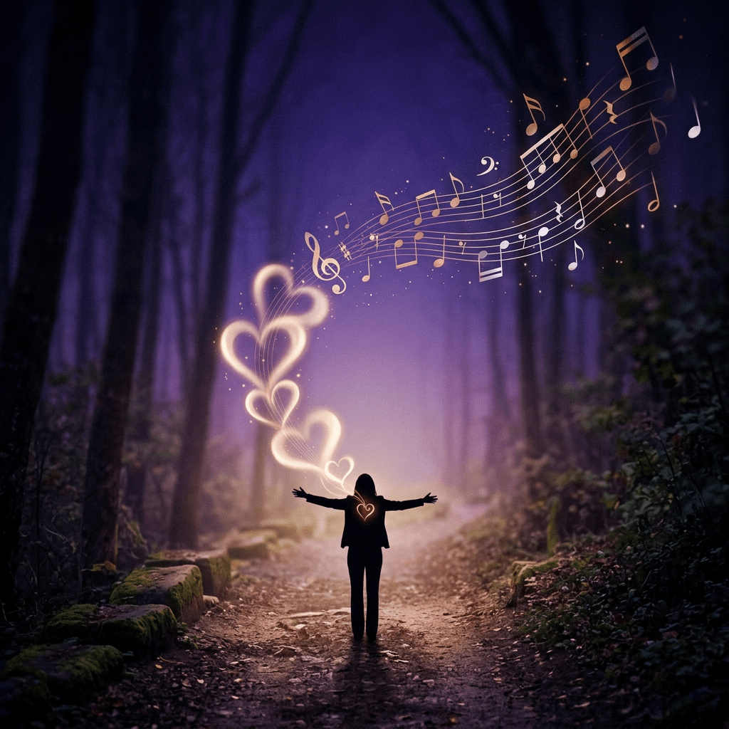 Figure in pants, softer heart swirls, forest path