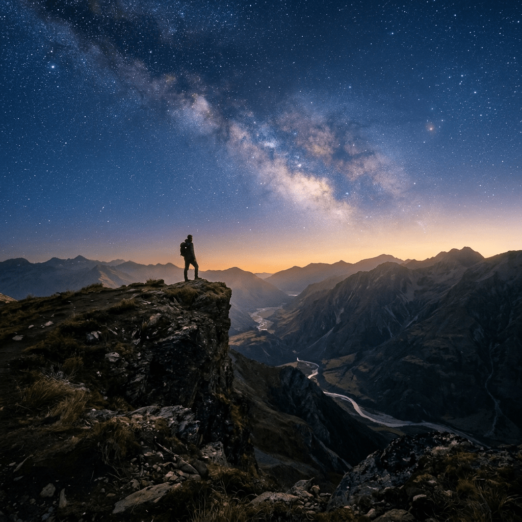 Hiker standing on cliff edge above mountain valley under dramatic cloudy sunset sky