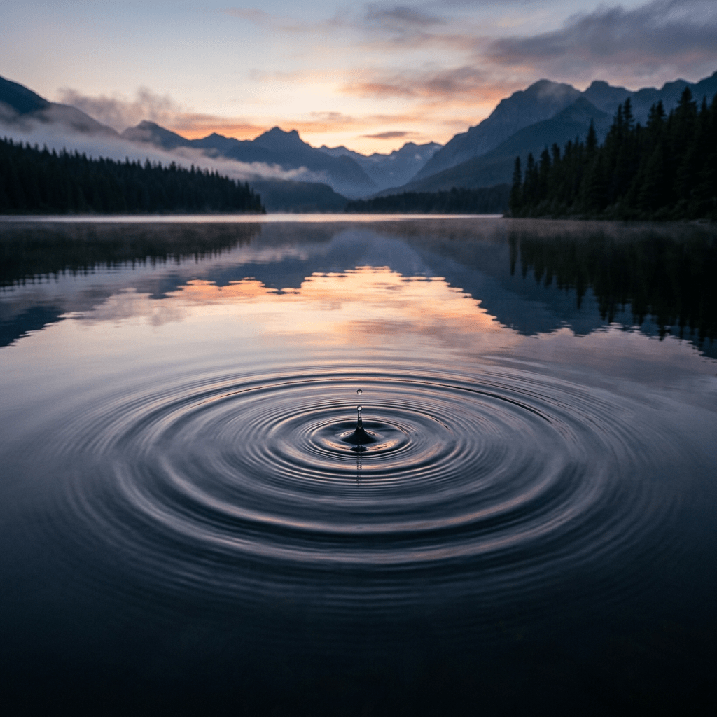 Ripple on calm mountain lake water reflecting sunrise and surrounding trees