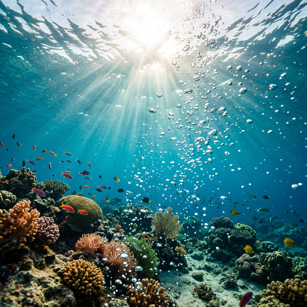 Underwater coral reef with various colorful fish and sunlight rays penetrating the water.