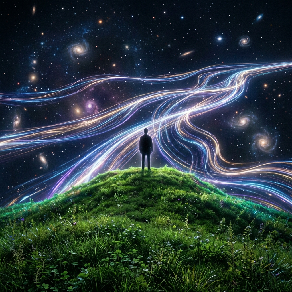 Silhouette of a person standing on rocky ground looking at colorful flowing energy streams in a star-filled galaxy