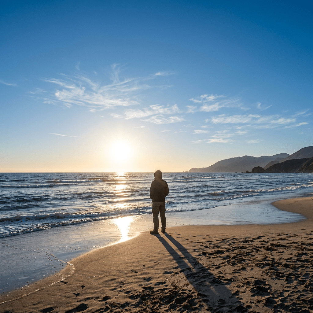 Person standing on sandy beach watching sunset over ocean with mountains in distance