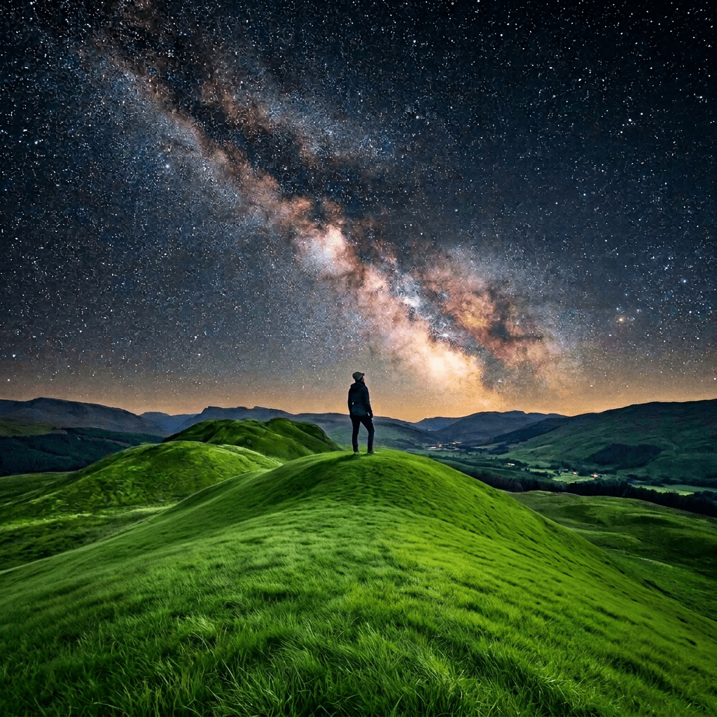 Lone hiker standing on a grassy ridge beneath the Milky Way