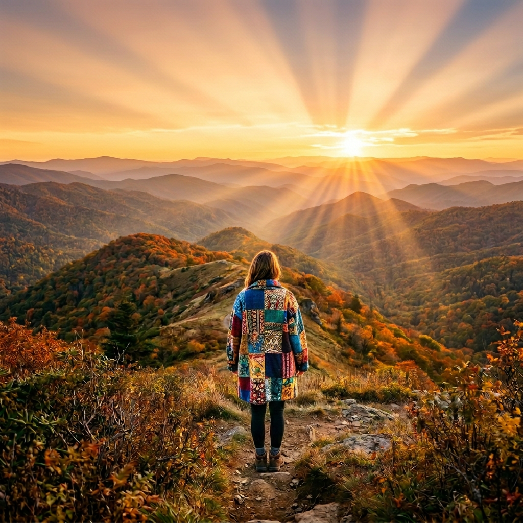 Hiker walking along a rocky ridge trail through autumn mountains