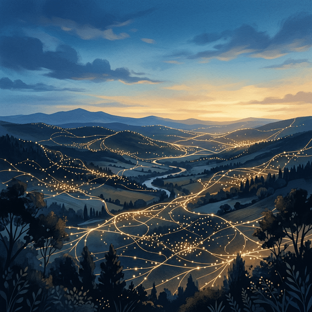 Glowing pathways and lights winding through a sunset mountain valley