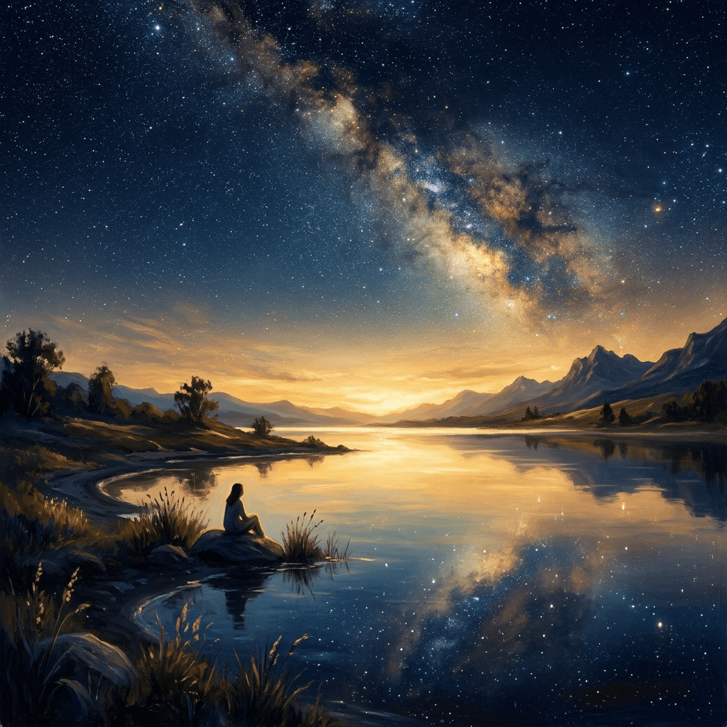 Solitary person beside a reflective lake beneath the Milky Way