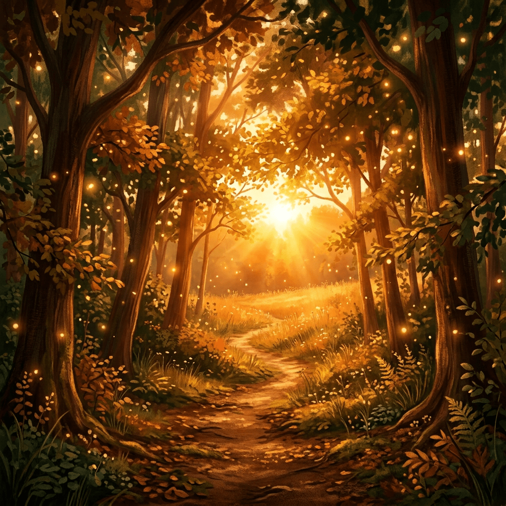 Sunlit forest path winding through trees with glowing fireflies