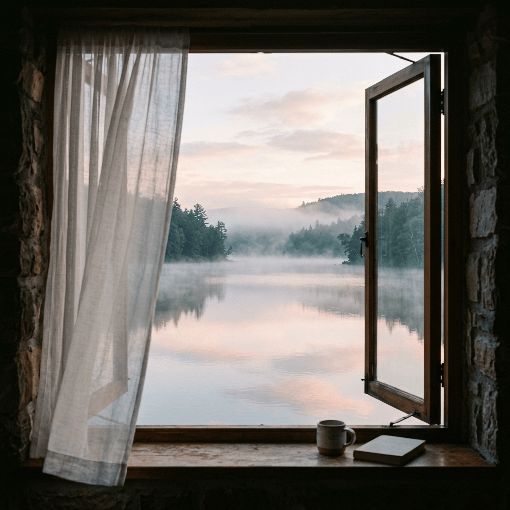 Serene dawn mist over still water