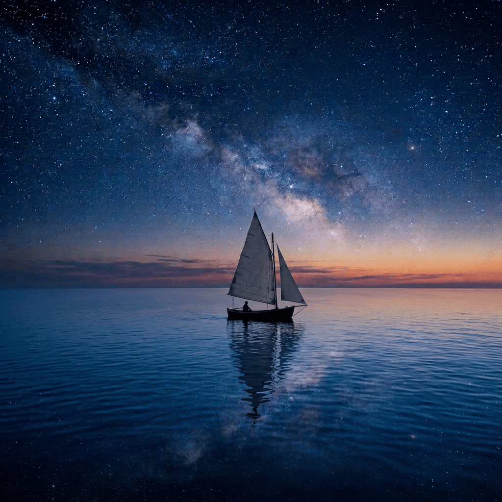 Sailboat silhouetted on calm water beneath the Milky Way