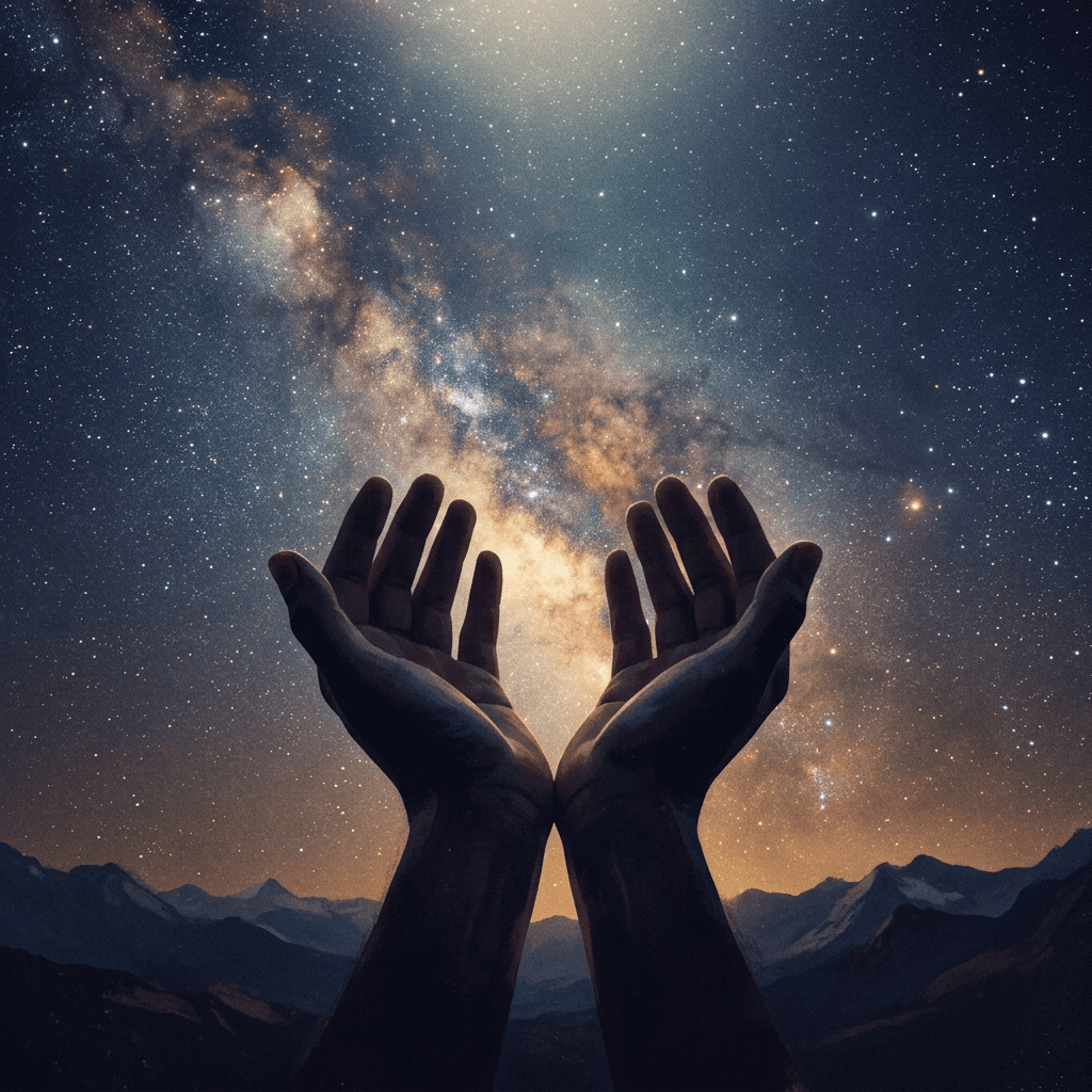 Open hands reaching toward the Milky Way above mountain silhouettes