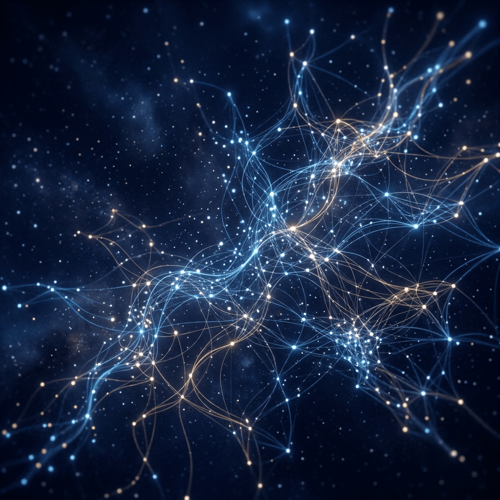 Glowing blue and gold nodes connected by flowing lines in dark space