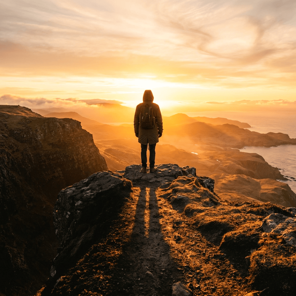 Lone hiker standing on a cliff above a mountainous coastline at sunrise