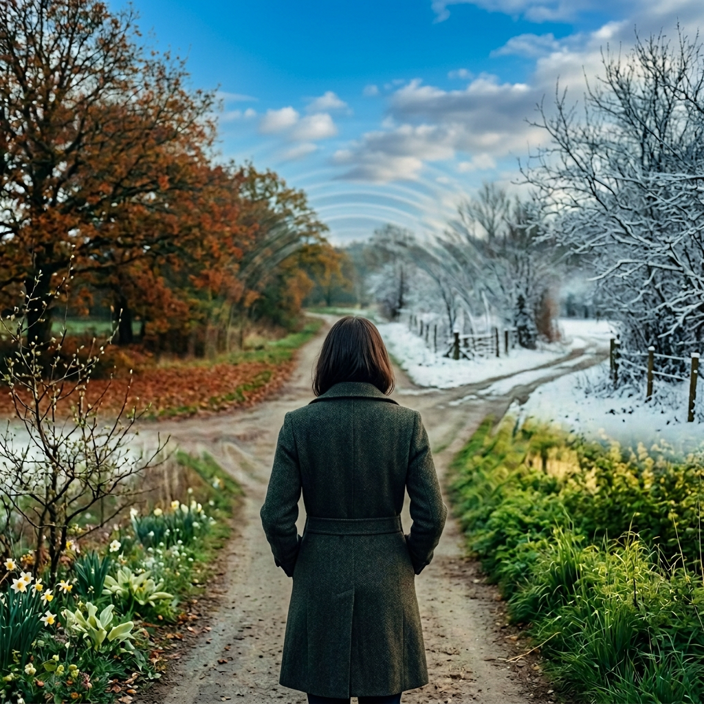 Person in dark coat walking along a path between autumn trees and snowy fields