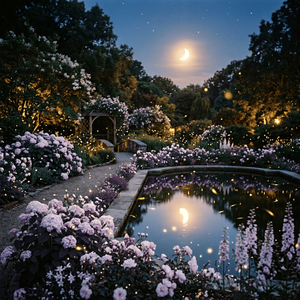 Moonlit garden with white flowers, glowing lights, and reflective pond