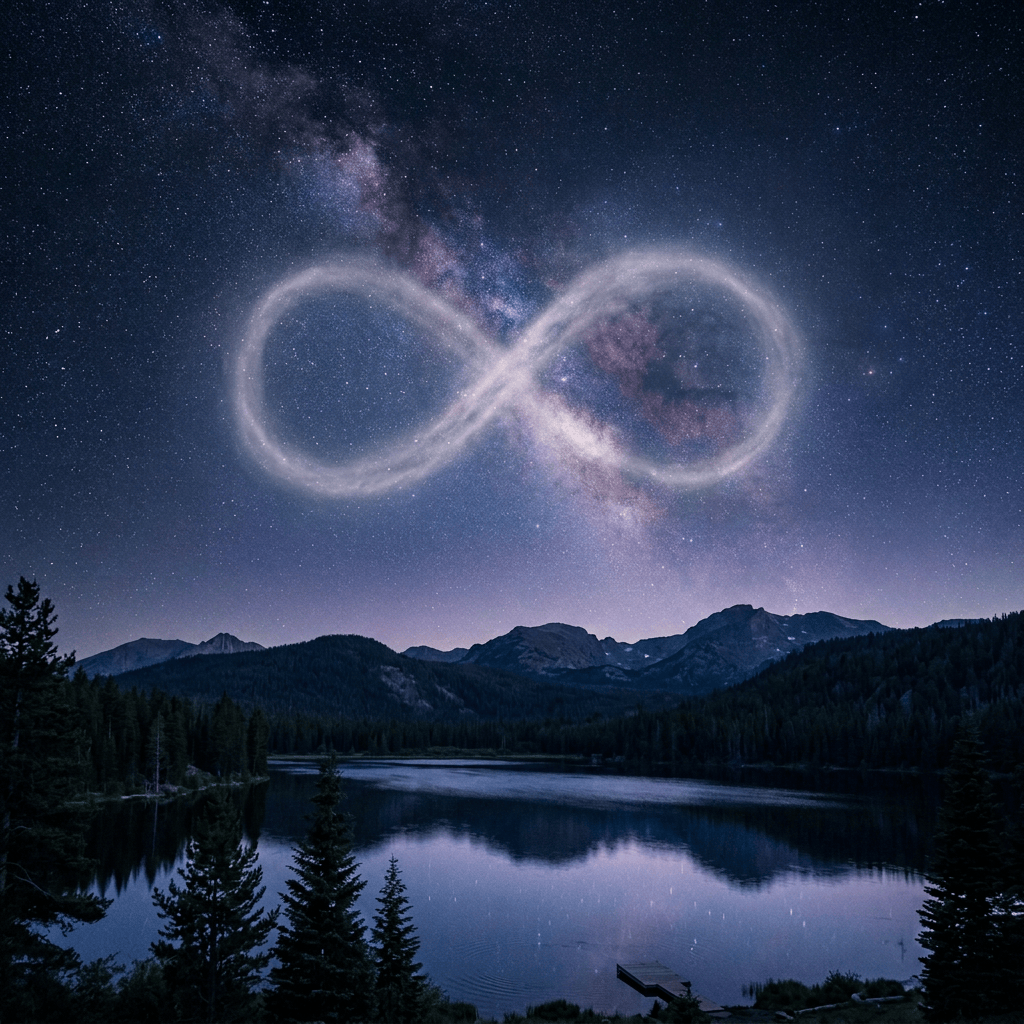 Two glowing spiral galaxies above a mountain lake and forested mountains