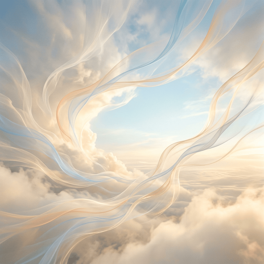 Translucent pastel ribbons flowing through sunlit clouds and blue sky