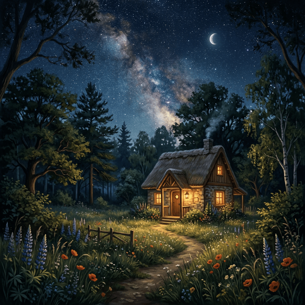 Thatched cottage glowing among wildflowers beneath the Milky Way and crescent moon