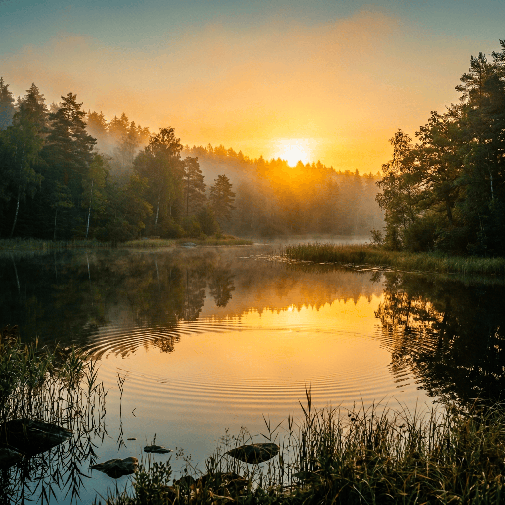 Misty forest lake reflecting a golden sunrise and surrounding trees