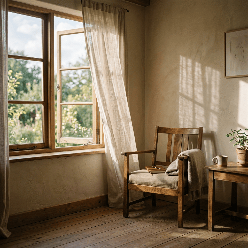 Wooden armchair with book and blanket beside sunlit open window