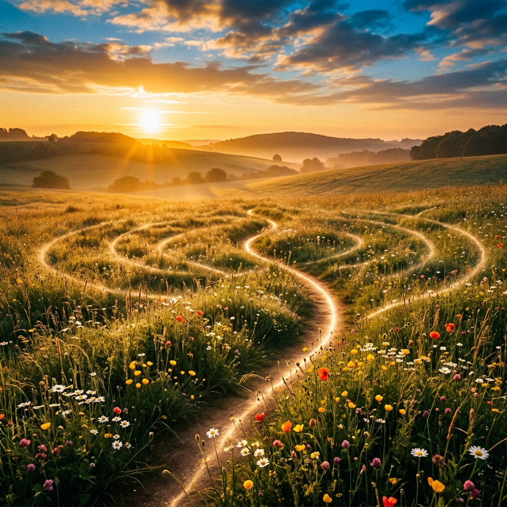 Winding path through a wildflower meadow at sunset