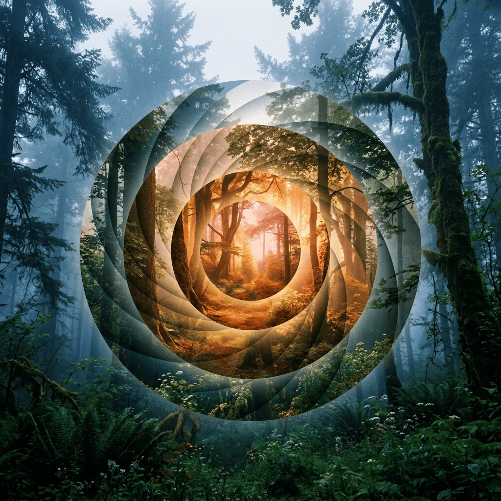 Misty forest with glowing concentric circles framing sunlit woodland