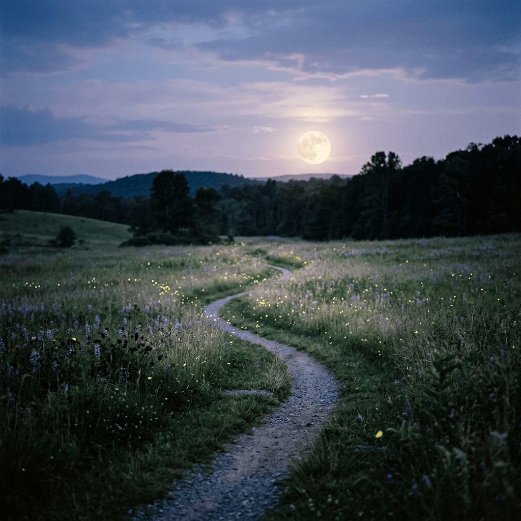 Winding path through a firefly-lit meadow beneath a full moon