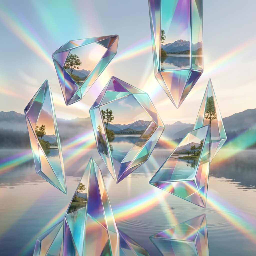 Iridescent crystals framing miniature lakes, mountains, trees, and rainbow light