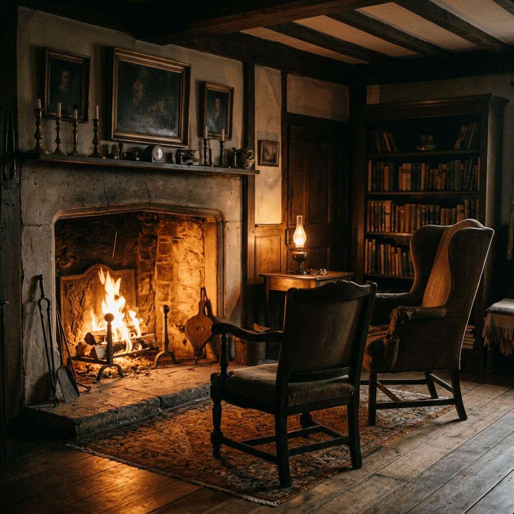 Book-lined reading room with a lit fireplace, chairs, and oil lamp