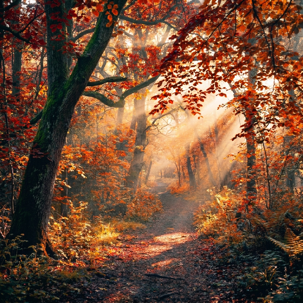 Sunlit dirt path winding through a dense green forest
