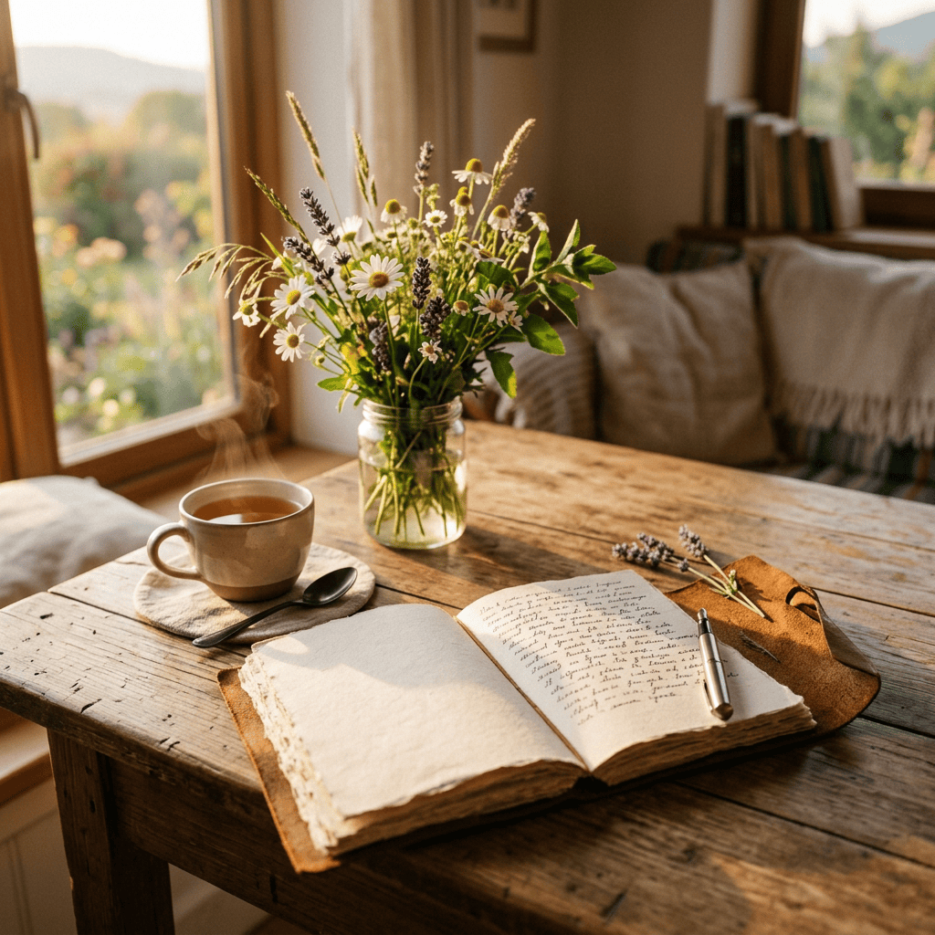 Open journal, tea, wildflowers, and sunlight