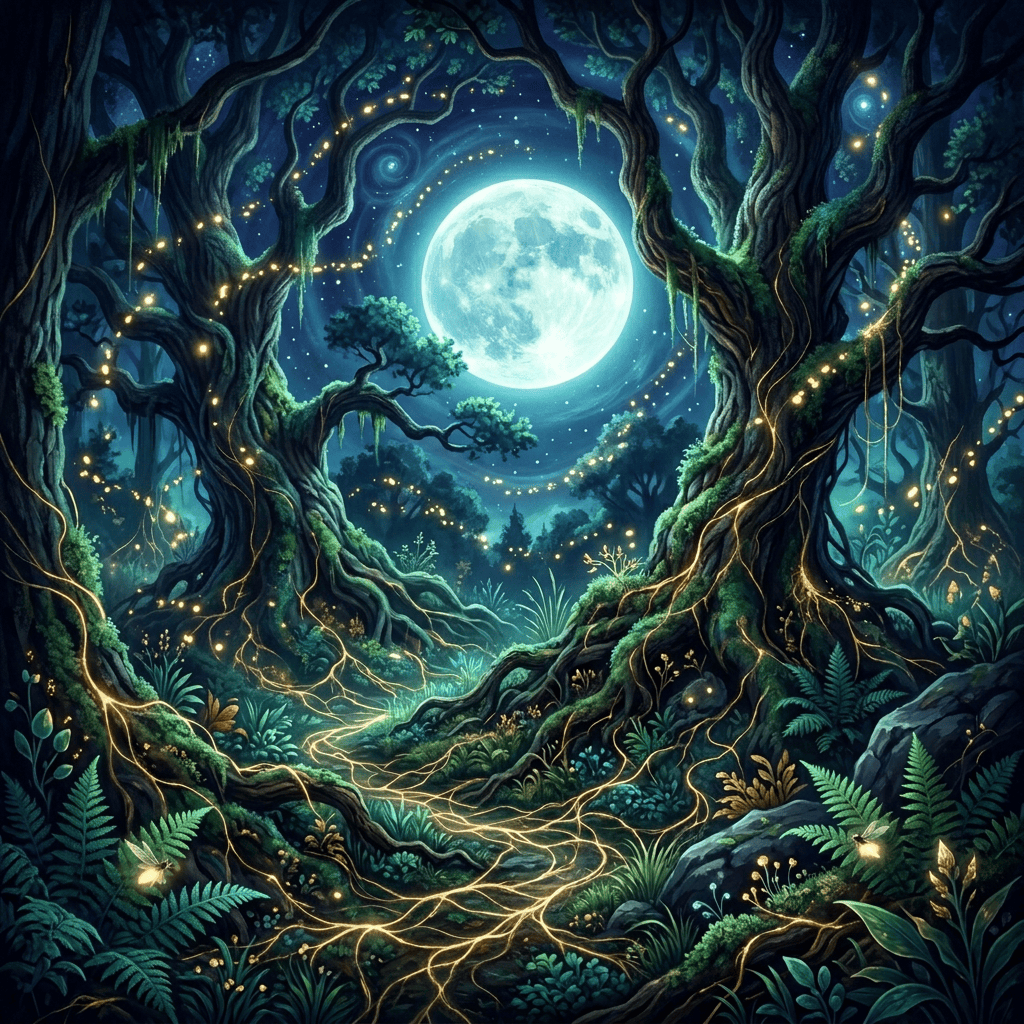 Enchanted forest with glowing roots beneath a bright full moon