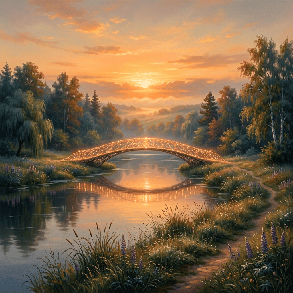 Illuminated arched bridge spanning a river at sunset
