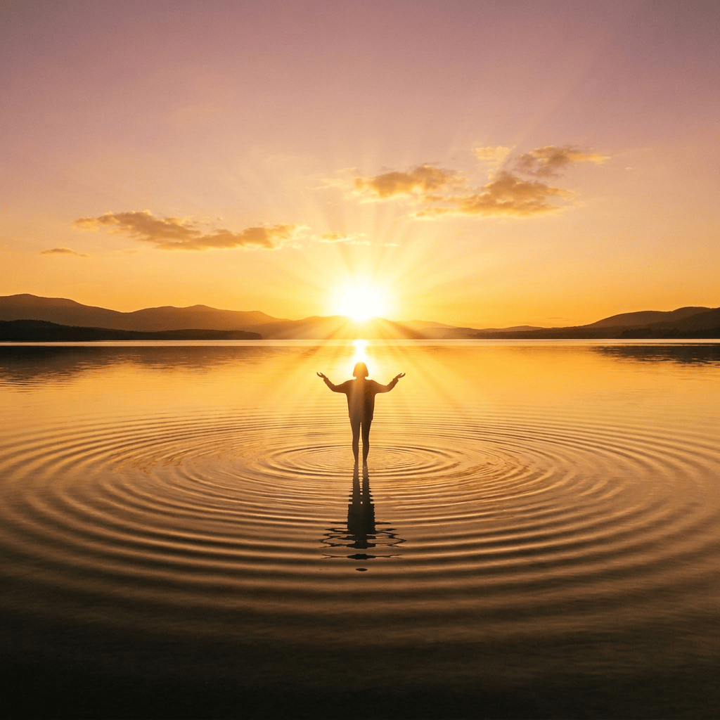 Silhouetted person standing in a lake at sunset with ripples around them
